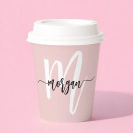 Blozend Roze Moderne Script Meisjesachtig Monogram Papieren Bekers
