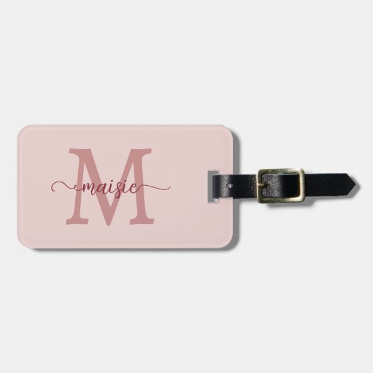 Blozend Roze Monogram Script Naam Telefoon Only Bagagelabel (Voorkant horizontaal)