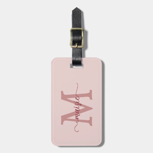 Blozend Roze Monogram Script Naam Telefoon Only Bagagelabel (Voorkant verticaal)