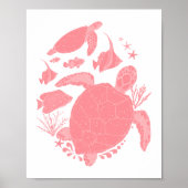 Blozend roze oceaanscène met vissen en schildpadde poster (Voorkant)