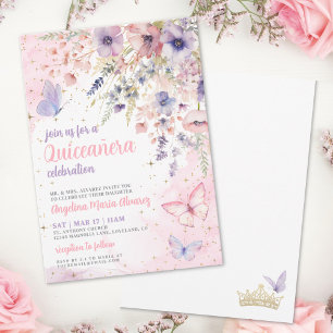 Blozend Roze Paarse Bloemvlinder Quinceanera Kaart