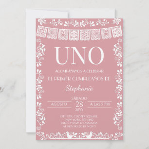 Blozend Roze Papel Picado UNO Eerste Meisje Uitnod Kaart