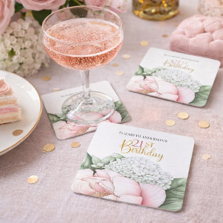 Blozend Roze Pioen Bloem 21e Verjaardag Kartonnen Onderzetters