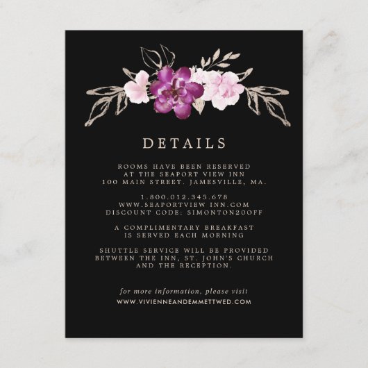 Blozend Roze Roos Paars GoudHuwelijksgast Details Informatiekaartje (Voorkant)