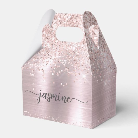 Blozend Roze Rose Goud Glitter Metaal Monogram Naa Bedankdoosjes (Voorkant Zijde)