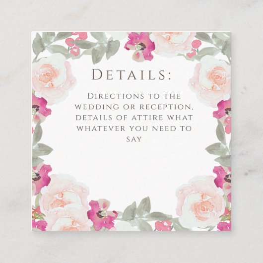 Blozend Roze Salie Waterverf Bloemige Bruiloft Informatiekaartje (Achterkant)