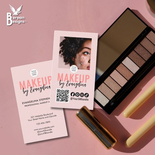 Blozend Roze Schrift Logo QR Code Foto Make-up Visitekaartje
