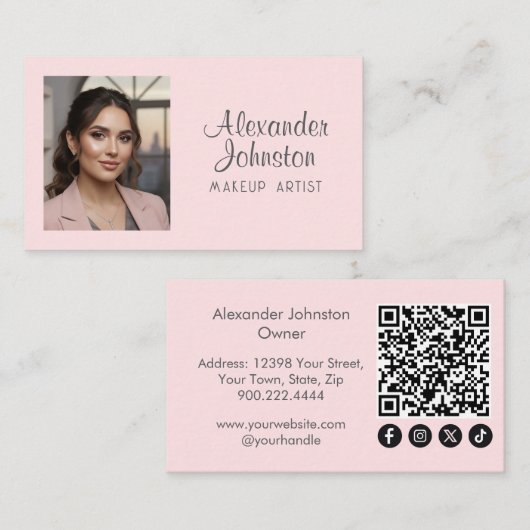 Blozend Roze Script Sociaal Icon QR-code Foto Make Visitekaartje (Voorkant / Achterkant)