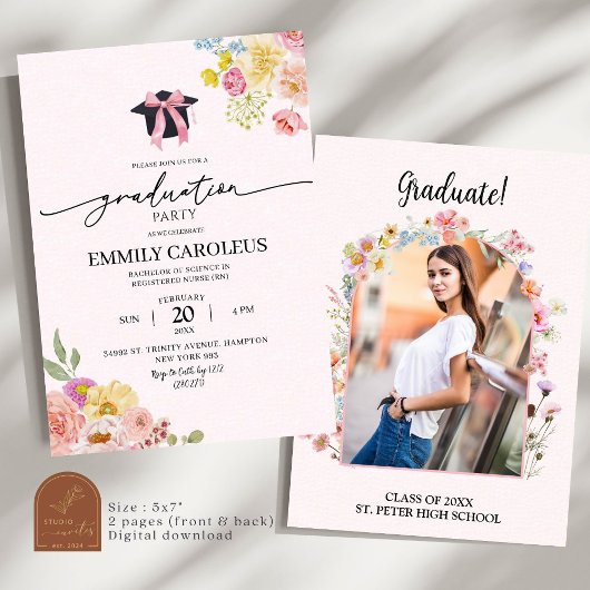 Blozend Roze Wilde Bloem Afstudeerceremonie Met Fo Kaart