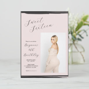 Blozend Roze & Zwart Foto Trendy Moderne Sweet 16 Kaart