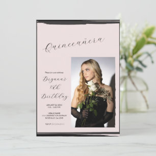 Blozend Roze & Zwarte Foto Trendy Moderne Quinceañ Kaart