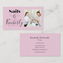 Blozend Roze Zwarte Script Foto Nagels Visitekaart