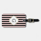 Blozend Roze, Zwarte Streep Witte Monogram Label Bagagelabel (Voorkant horizontaal)