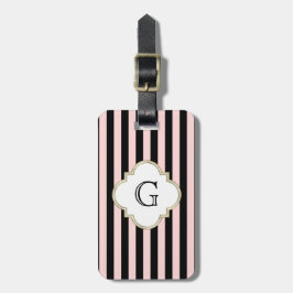Blozend Roze, Zwarte Streep Witte Monogram Label Bagagelabel