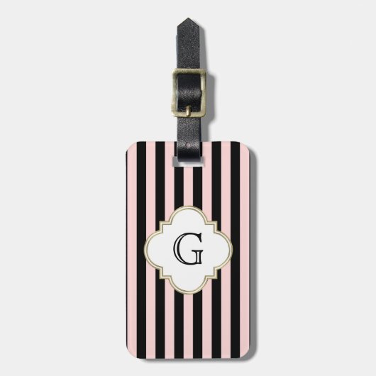 Blozend Roze, Zwarte Streep Witte Monogram Label Bagagelabel (Voorkant verticaal)