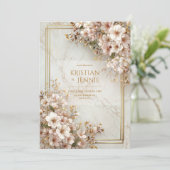 Blozend Sakura Marmer Vergulde Lijst Bruiloft Kaart (Staand voorkant)