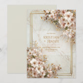 Blozend Sakura Marmer Vergulde Lijst Bruiloft Kaart (Voorkant / Achterkant)