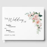 Blozend wit bloemen gastboek voor trouwfeest gastenboek<br><div class="desc">Dit bruidsboeket witte trouwgastboekontwerp bevat prachtige chique neutrale achtergronden van zwart of wit met eenvoudige moderne typografie en elegante kalligrafie om een verfijnde toon te zetten voor elke stijl van evenement. Elk product is versierd met prachtige roze rozen en perzik- en ivoorkleurige hortensia's, gearrangeerd met weelderige eucalyptus en groene blad...</div>