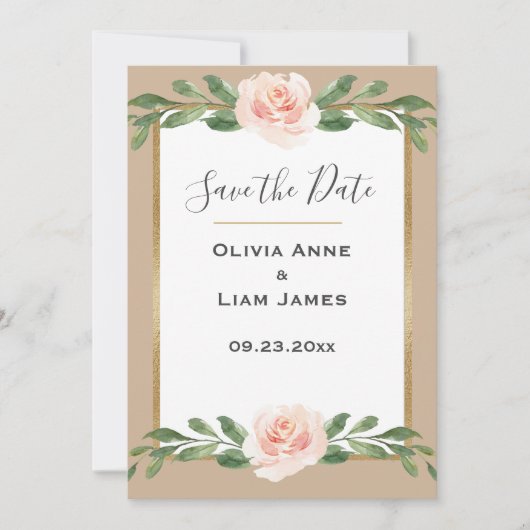 Blozende Beige Bloemrijke Elegante Script Gouden B Save The Date (Voorkant)