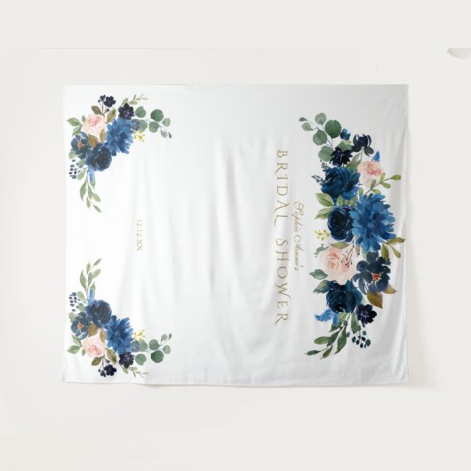 Blozende blauwe bloemen bruiloftsshower fotocabine wandkleed (Voorkant (horizontaal))