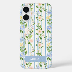 Blozende Blauwe Bloemenschildering Gestreepte Pers iPhone 16 Hoesje