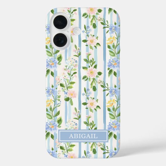 Blozende Blauwe Bloemenschildering Gestreepte Pers Case-Mate iPhone Case (Achterkant)