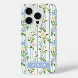 Blozende Blauwe Bloemenschildering Gestreepte Pers iPhone 15 Pro Case
