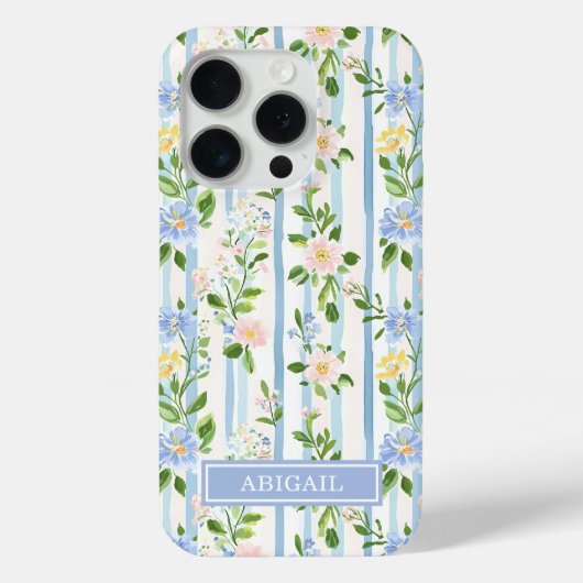 Blozende Blauwe Bloemenschildering Gestreepte Pers Case-Mate iPhone Case (Achterkant)