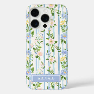 Blozende Blauwe Bloemenschildering Gestreepte Pers iPhone 16 Pro Hoesje