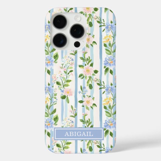 Blozende Blauwe Bloemenschildering Gestreepte Pers Case-Mate iPhone Case (Achterkant)