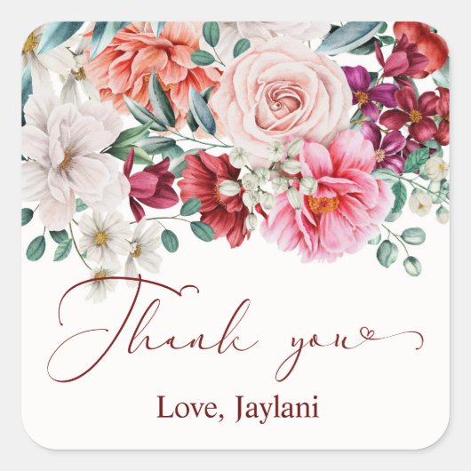Blozende bloem waterverf boho pioenroos bedankt vierkante sticker (Voorkant)