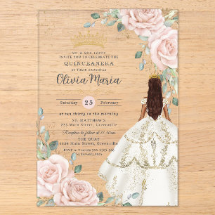 Blozende bloem witte jurk prinses jurk Quinceañera Acryl Uitnodigingen