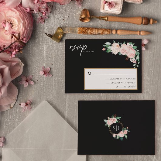 Blozende bloem zwarte bruiloft simpele RSVP kaart