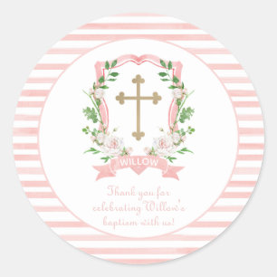 Blozende bloemen doop bedankje ronde sticker