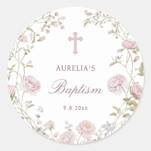 Blozende Bloemen Doop Ronde Sticker (Voorkant)