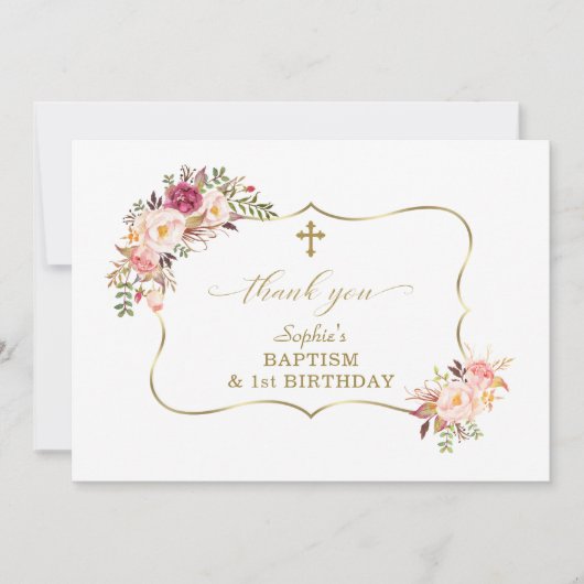 Blozende Bloemen Gouden Meisje 1e Verjaardag Doopf Bedankkaart (Voorkant)