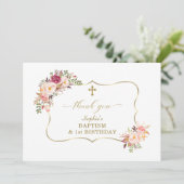 Blozende Bloemen Gouden Meisje 1e Verjaardag Doopf Bedankkaart (Staand voorkant)