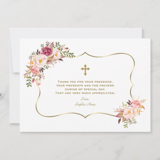 Blozende Bloemen Gouden Meisje 1e Verjaardag Doopf Bedankkaart (Achterkant)