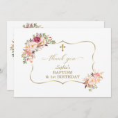 Blozende Bloemen Gouden Meisje 1e Verjaardag Doopf Bedankkaart (Voorkant / Achterkant)