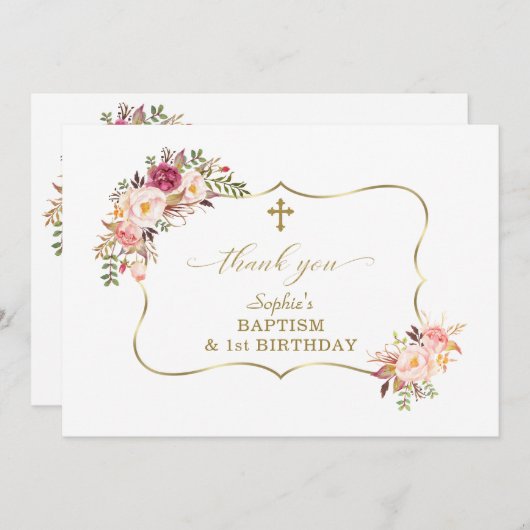 Blozende Bloemen Gouden Meisje 1e Verjaardag Doopf Bedankkaart (Voorkant / Achterkant)