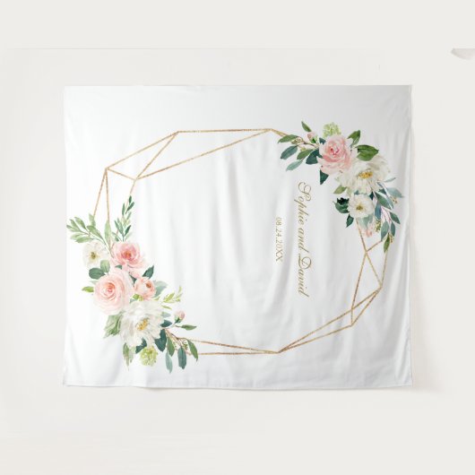 Blozende bloemen gouden trouwfoto booth achtergron wandkleed (Voorkant (horizontaal))