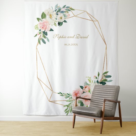 Blozende bloemen gouden trouwfoto booth achtergron wandkleed (In situ)