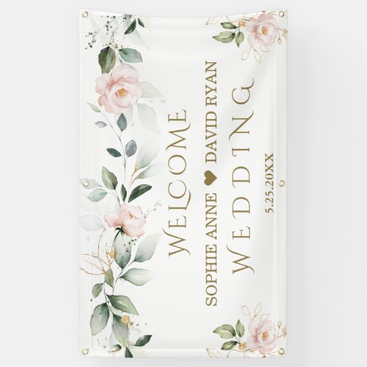 Blozende bloemen groen gouden bladrijk huwelijks w spandoek (Verticaal)