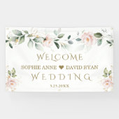 Blozende bloemen groen gouden bladrijk huwelijks w spandoek (Horizontaal)