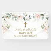 Blozende bloemen groen gouden verlaat doop welkoms spandoek (Horizontaal)