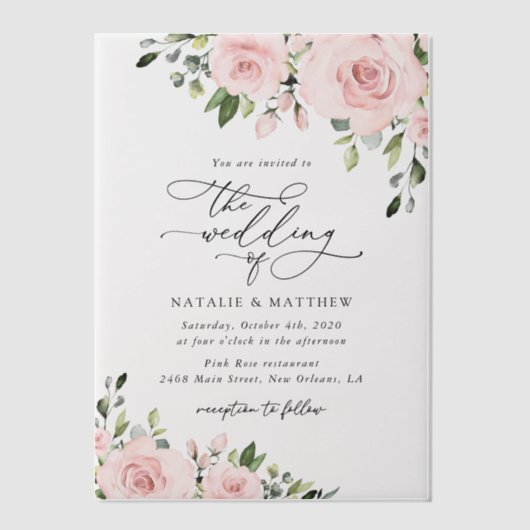 Blozende Bloemen, Roze Bloemen, Groene Planten, Tr Vellum Uitnodigingen (Voorkant)