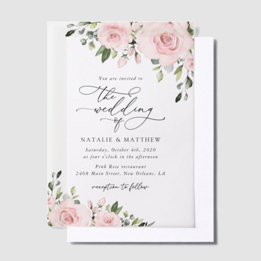 Blozende Bloemen, Roze Bloemen, Groene Planten, Tr Vellum Uitnodigingen (Offset)