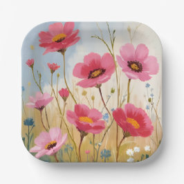 Blozende Bloemen | Roze Bloemenweide Bloemstuk Papieren Bordje