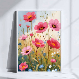 Blozende Bloemen Roze Bloemenweide Bloemstuk Poster