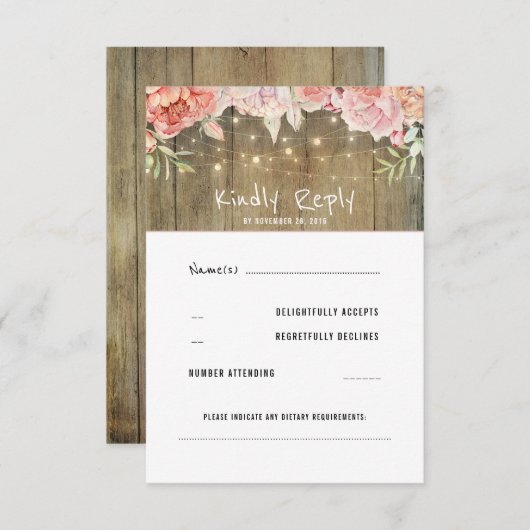 Blozende Bloemen Rustieke Slingerlampjes Trouw RSV RSVP Kaartje (Voorkant / Achterkant)